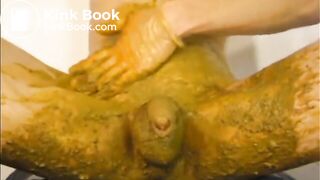 Jerking shit covered cock