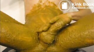 Jerking shit covered cock