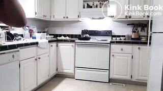 Girl in stockings poops in the kitchen