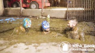 Manure Sports Mens Wrestling gay threesome in cows
