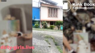 Red hair girl dirty play in public places and bath