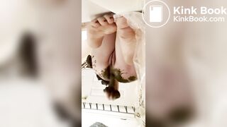 Redhead shits fat turd on her dildo