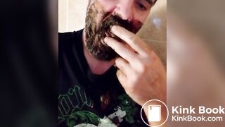 Shit-bearded guy swallows turds and burps