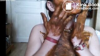 Chubby scat curious babe smears fresh shit all ove