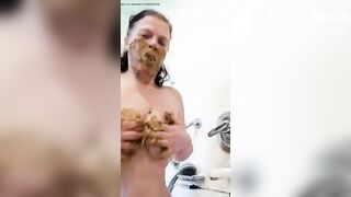 Nasty mature lady smears and gags on her shit