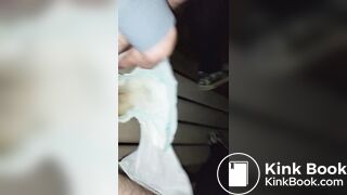 Hairy femboy opens messy diaper and begins to mast