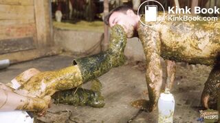 Mistress Marlena Dominating her slave in cowshit