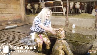 Mistress Marlena Dominating her slave in cowshit