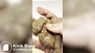 Smelly gal scoops her poop from the shower water