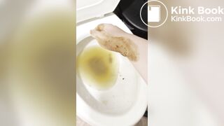 Smelly gal scoops her poop from the shower water