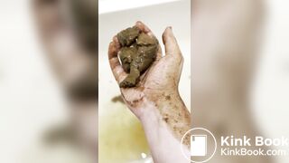 Smelly gal scoops her poop from the shower water