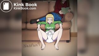 Girl messing diaper watching tv