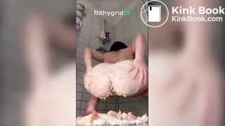 asian girl pushes out massive shit onto a cake