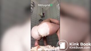 asian girl pushes out massive shit onto a cake
