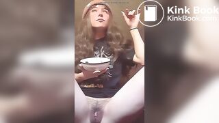 Girl pooping into bowl