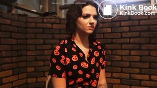 A women poops in a prop toilet during her audition