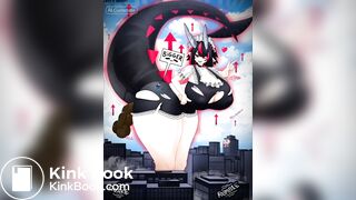 Giant maid takes a dump on building