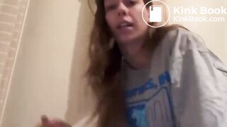 The girl poops on and next to the toilet.