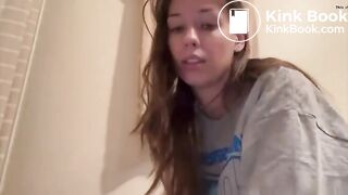 The girl poops on and next to the toilet.
