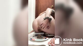 Woman takes a huge poop in a container