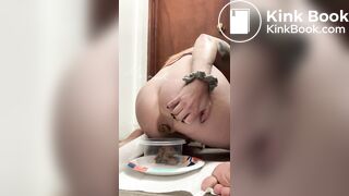 Woman takes a huge poop in a container