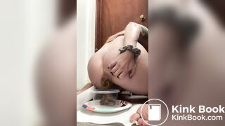 Woman takes a huge poop in a container
