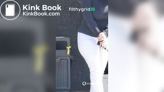 thick woma n white pants pushes out diarrhea in public