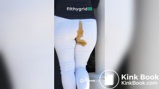 thick woma n white pants pushes out diarrhea in public