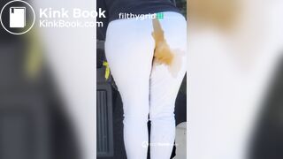 thick woma n white pants pushes out diarrhea in public
