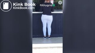 thick woma n white pants pushes out diarrhea in public