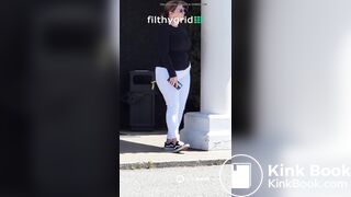 thick woma n white pants pushes out diarrhea in public