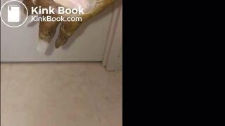 Girl puts hand into dirty glove