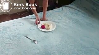 Busty girl eats her shit with banana