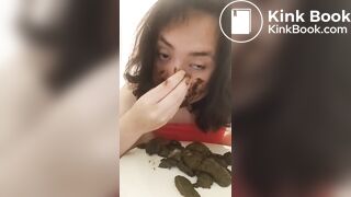 HUGE poop from stinky whore as she smears it on herself