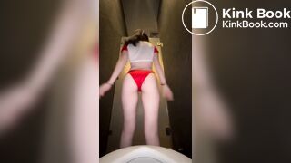 Beautiful hairy girl in a red bikini take a big load