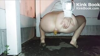 Girl poop near fence