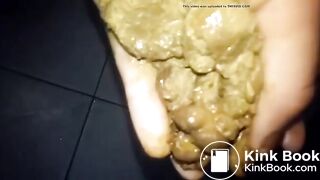 Crazy Latina chick grabs shit log to smear, lick & chew