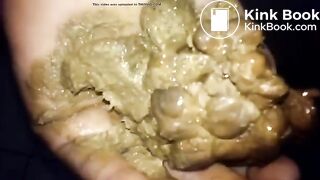 Crazy Latina chick grabs shit log to smear, lick & chew