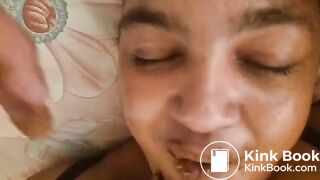 Busty toilet using chocolate sauce to consume poop