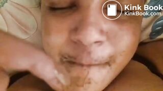 Busty toilet using chocolate sauce to consume poop