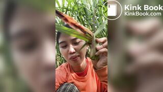 Cute girl shitting in sugarcane field