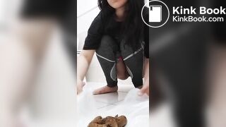 Brunette drops a giant load on a plastic bag