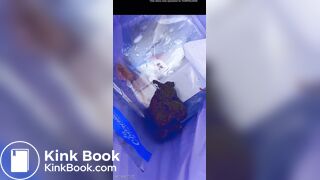 Girl pooping in a trashcan