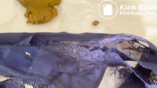 Very sexy girl talks as she fills her very sexy blue pa