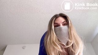 Very sexy girl talks as she fills her very sexy blue pa