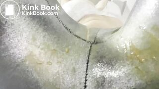 Big poop in shiny black tights