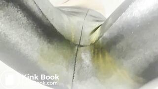 Big poop in shiny black tights