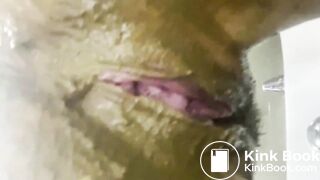 Big poop in shiny black tights