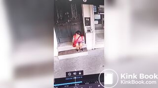 Girl shit in front of a Store