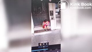 Girl shit in front of a Store